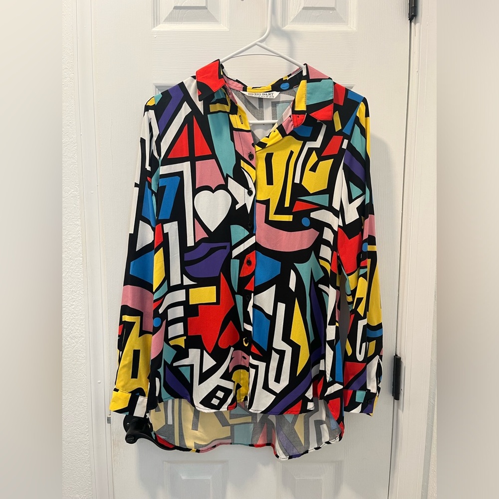 Vintage 90s Geometric Art Button Down Blouse Size Medium